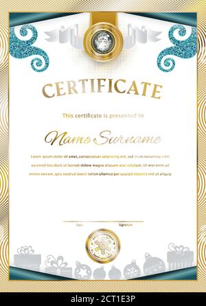White Christmas certificate and gold border and emblem with Santa Claus.. Snowflake stamp Stock Vector