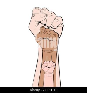 Female male and children fist up. Fight for rights and freedoms. Vector illustration Stock Vector