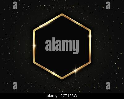 Gold hexagonal frame with particles. Geometric luxury template on dark background Stock Vector