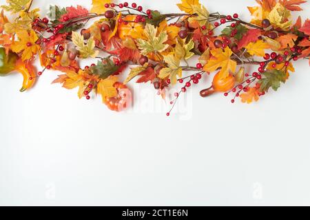 Hello autumn. autumn background with leaves, rowan and pumpkins on white background. Stock Photo