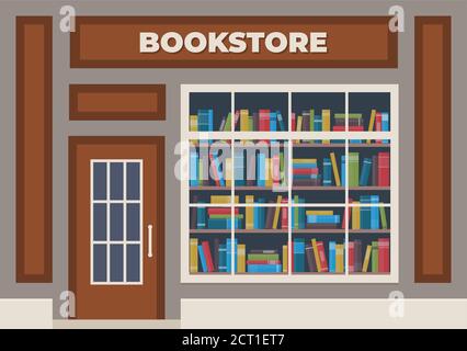 A bookstore with a sign over the entrance. Books in the shop window on the shelves. Street store. Vector illustration, flat style Stock Vector