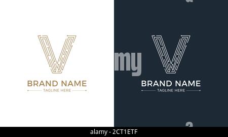 Letter v made of lines and dots logo on a white and blue background Stock Vector