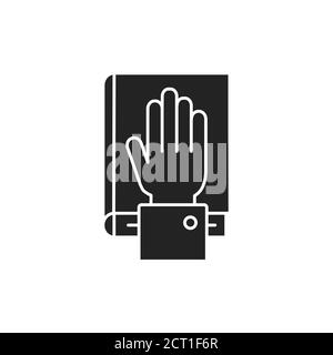 Give oath glyph black icon. Palm on Holy Bible. Judiciary concept. Sign for web page, mobile app, button, logo. Vector isolated button Stock Vector