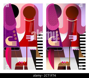 Two stylish and fashionable women talking with each other. Modern art vector illustration. Flat design and gradient options. Stock Vector