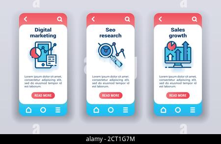 Marketing on mobile app onboarding screens. Banners for website and mobile kit development. Stock Vector