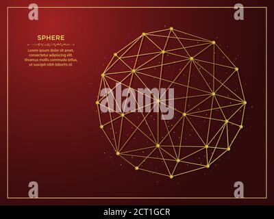 Sphere golden abstract illustration on dark red background. Geometric shape polygonal template made from lines and dots. Stock Vector