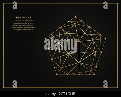 Pentagon golden abstract illustration on dark background. Geometric shape polygonal template made from lines and dots. Stock Vector