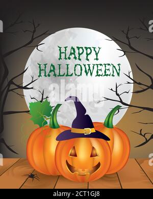 Happy Halloween card with pumpkins, vector Stock Vector