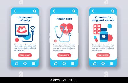 Maternal and child health on mobile app onboarding screens. Banners for website and mobile kit. Stock Vector