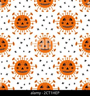 Coronavirus bacteria with scary face and crosses. Halloween seamless pattern. Isolated on a white background. Vector stock illustration. Stock Vector