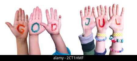 Children Hands Building God Jul Means Merry Christmas, Isolated Background Stock Photo
