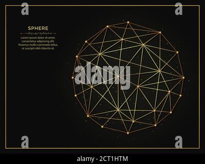 Sphere golden abstract illustration on dark background. Geometric shape polygonal template made from lines and dots. Stock Vector