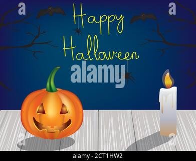 Halloween scene with pumpkin and candle on the table, vector Stock Vector