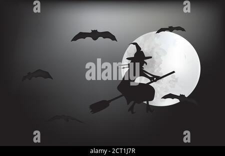 Witch flying on a broom on a full moon, vector illustration Stock Vector