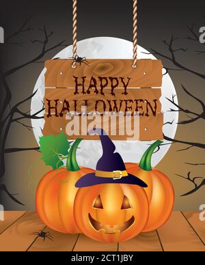 Happy Halloween card with pumpkins, vector Stock Vector