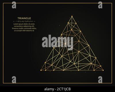 Triangle or delta golden abstract illustration on dark background. Geometric shape polygonal template made from lines and dots. Stock Vector