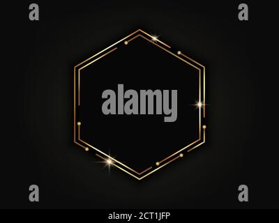 Gold luxury hexagonal frame. Geometric polygonal template made from lines and dots. Stock Vector