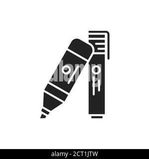 Felt-tip pens black glyph icon. Highlighters concept. School, office supplies. Sign for web page, mobile app, banner, social media. Stock Vector