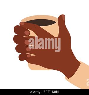 Hand drawn cartoon hands holds a cup of hot drink. African black skin. Close up vector illustration isolated on white background Stock Vector