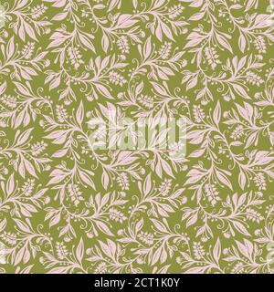 Floral seamless pattern with leaves and berries in chartreuse green pink palette, hand-drawn and digitized. Design for wallpapers, textiles, fabrics. Stock Vector
