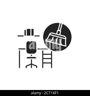 Office Cleaning black glyph icon. Includes dusting, vacuuming, washing down, mopping and sweeping the office area. Handyman services. Pictogram for Stock Vector