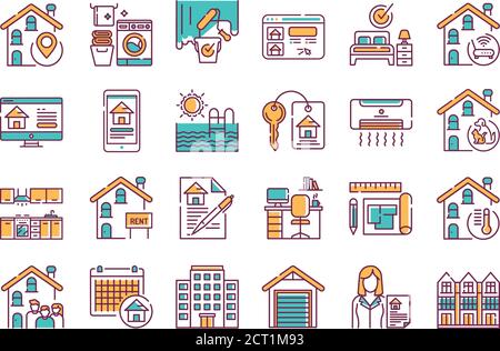 Rent home and real estate color line icons set. Buildings and property. Purchasing, sale and leasing. Pictogram for web page, mobile app, promo. UI UX Stock Vector