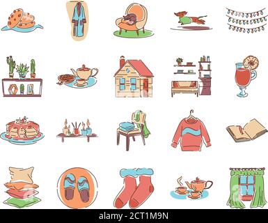 Home comfort color line icons set. Cozy atmosphere at home. Things that create a comfort. Pictogram for web page, mobile app, promo. UI UX GUI design Stock Vector