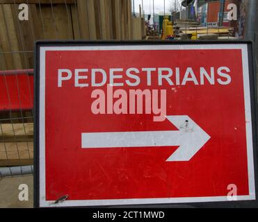 London, England/United Kingdom - 02/15/2020- Temporary detour sign for pedestrians near a construction site in London. Stock Photo
