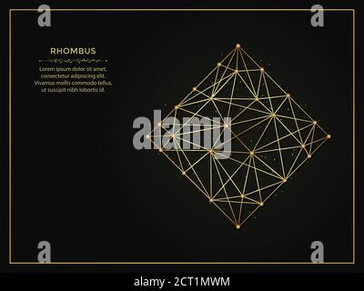 Rhombus golden abstract illustration on dark background. Geometric shape polygonal template made from lines and dots. Stock Vector