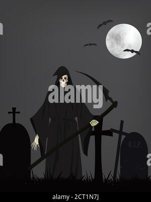 Grim Reaper on cemetery, vector Stock Vector