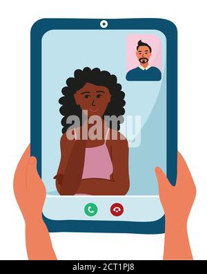 African black woman and caucasian man are on the tablet device screen. Hands holding smartphone with video call. girl with curly hair. vector Stock Vector