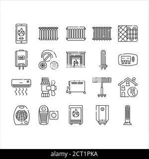 Heating devices black line icons set. A central heating system provides warmth to the whole building. Pictogram for web page, mobile app, promo. UI UX Stock Vector