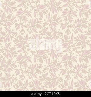 Floral seamless pattern with leaves and berries in chartreuse green pink palette, hand-drawn and digitized. Design for wallpapers, textiles, fabrics. Stock Vector