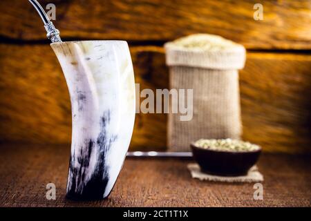 Tereré ou tererê is a typical South American drink made with the infusion of yerba mate in cold water. Of Guarani origin, it can be consumed with lemo Stock Photo