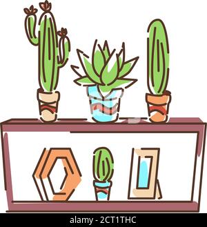 Shelf with cactus color line icon. Standing furniture with horizontal shelves, used to store books, plants, decorations etc. Pictogram for web page Stock Vector