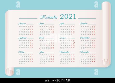 Calendar 2021 template in german. 12 months with highlighted holiday events. Week starts on Monday. Horizontal Vector editable calendar design Stock Vector