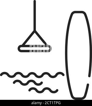 Wakeboarding black line icon. Extreme water sport. The rider, standing on a wakeboard, is towed behind a motorboat across. Pictogram for web page Stock Vector