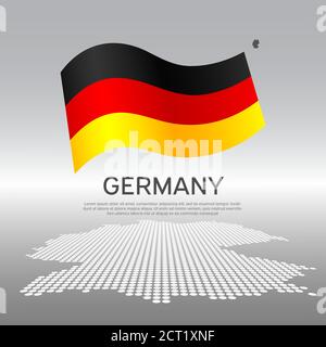 Germany wavy flag and mosaic map on light background. Creative background for the national German poster. Vector tricolor design. Business booklet Stock Vector