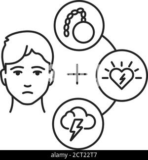 Depression and guilt black line icon. A mood disorder that causes a persistent feeling of sadness. Pictogram for web page, mobile app, promo. UI UX Stock Vector