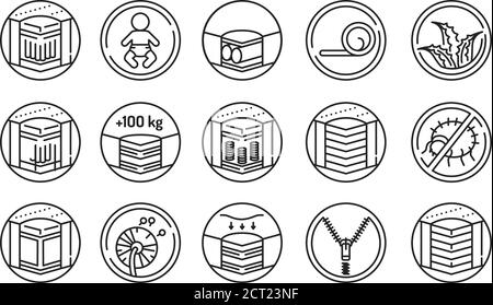 Mattress linear icons set black line icon. Different types of mattresses. Pictogram for web page, mobile app, promo. UI UX GUI design element Stock Vector