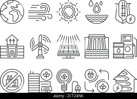 Alternative energy resources line black icons set. Green city vector pictograms. Eco friendly. Environment protect symbol. Stock Vector