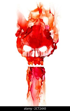 Skull in fire on white backround. Art painting background alcohol ink technique Stock Photo