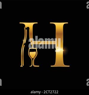 A Vector Illustration of Gold Wine Bottle Initial Letter H Logo Stock Vector