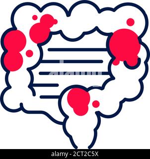 Indigestion line color icon. Stomachache. Allergy symptom: diarrhea, bloating, nausea, pain. Abdominal distension. Stock Vector