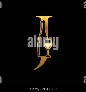 A Vector Illustration of Gold Wine Bottle Initial Letter J Logo Stock Vector