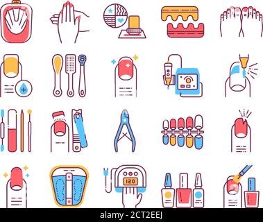Manicure and pedicure procedures color line icons set. Nails service. Beauty industry. Pictograms for web page, promo. Stock Vector
