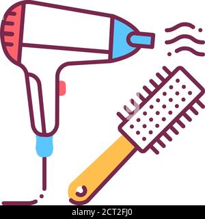 To dry hair color line icon. Hair styling items, dryer and hairbrush. Hairdresser services. Beauty industry. Pictogram for web page, promo. Stock Vector