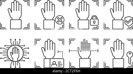 Palm print scan black line icons set. Concept of: verifying person, blocked user, security, approved, ai, id, scanning, unlock access. Biometric Stock Vector