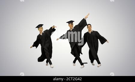 Three male graduates in robes and mortarboards dancing in synch Stock Photo