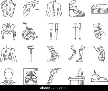 Orthopedics line color icons set. Rehabilitation after injuries. Musculoskeletal system treatment. Mobility aid concept. Stock Vector